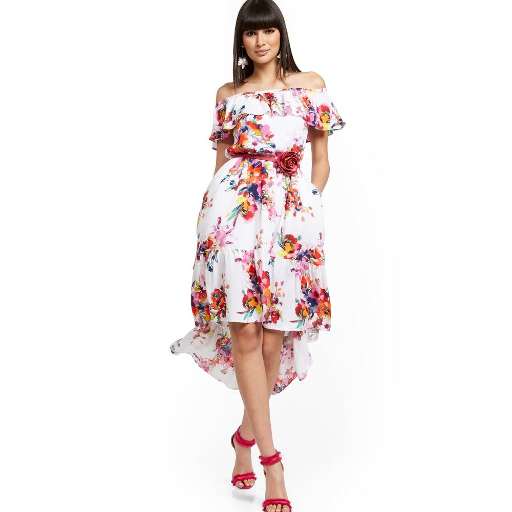NEW YORK & CO White Abstract Multicolor Florals Off-Shoulder Midi Dress sz L NEW